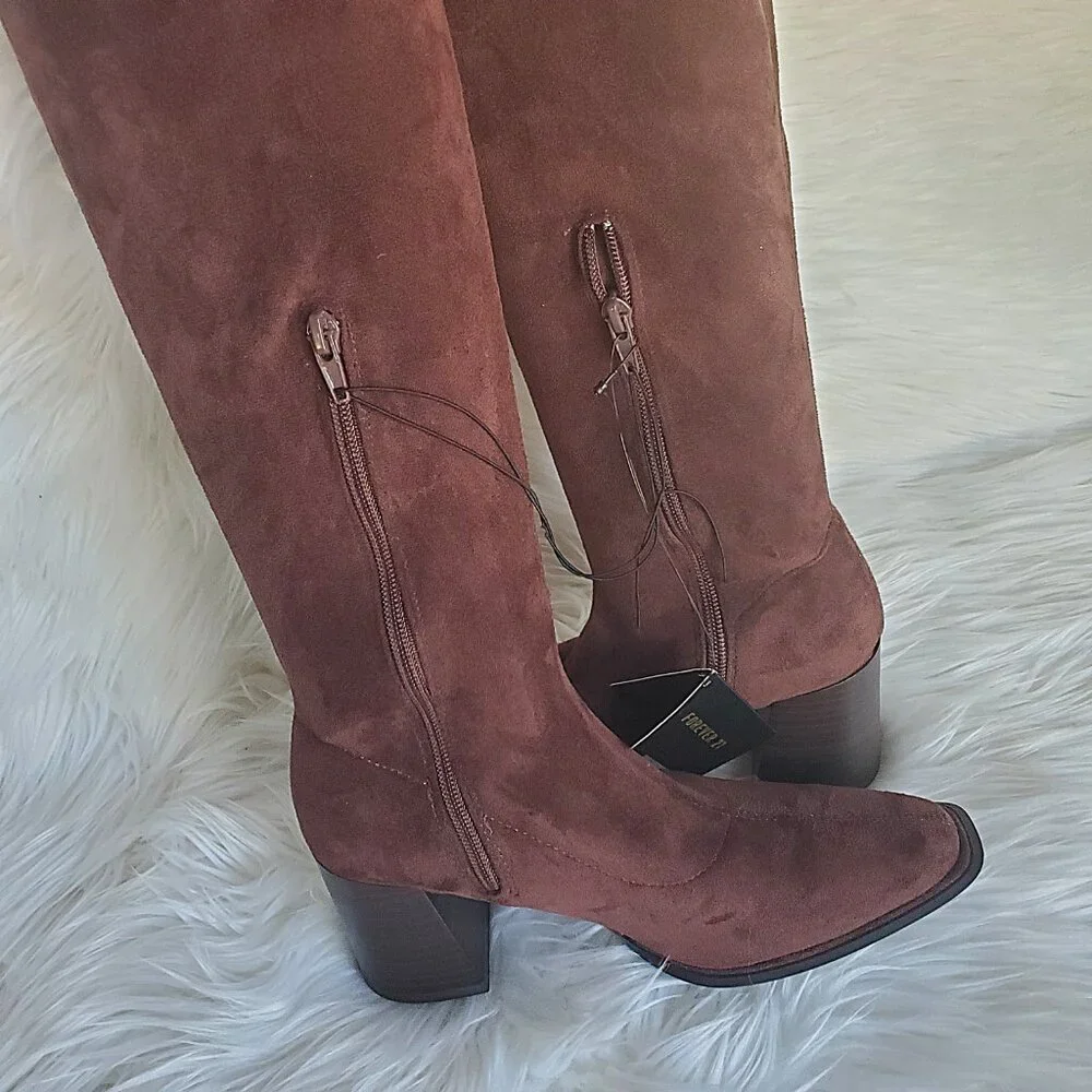 Forever 21 Brown Over The Knee Side Zipper Suede Boot SZ 6